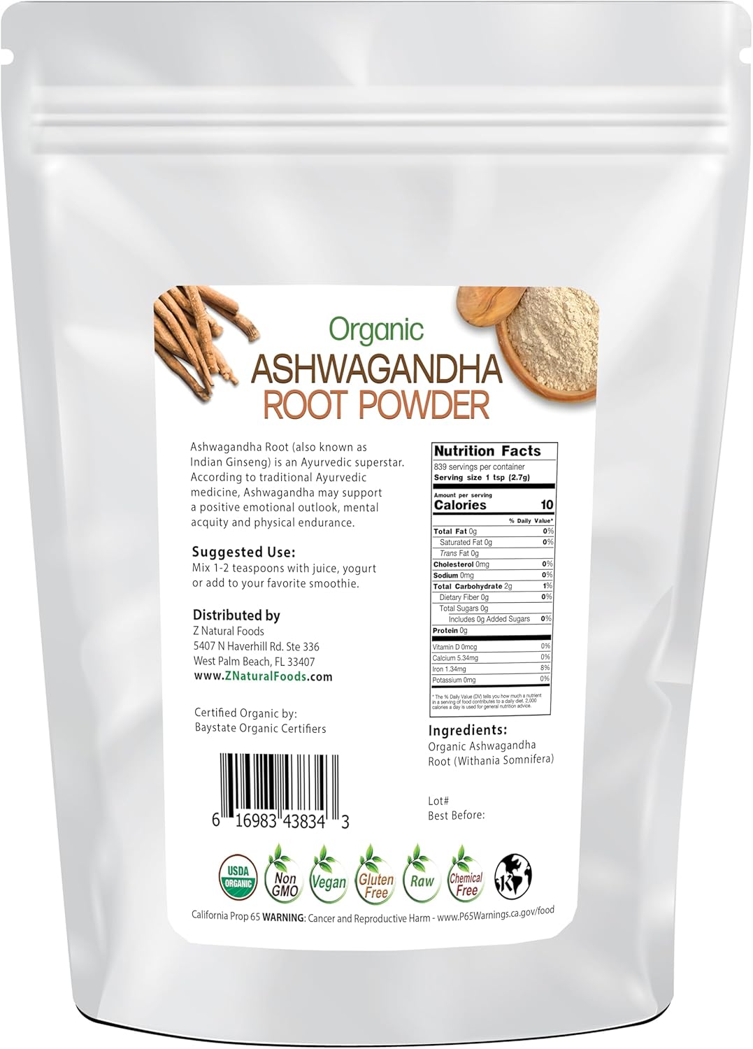 Polvo de Raíz de Ashwagandha Orgánico Z Natural Foods 5 lb