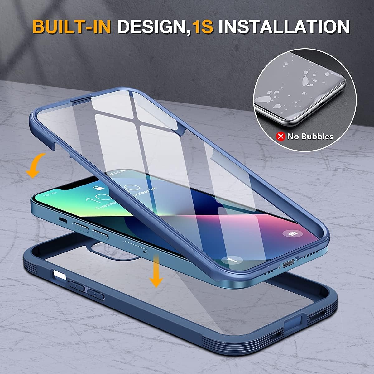 Miracase Funda compatible con iPhone 13 de 6.1 pulgadas, 2021 carcasa transparente de cristal de cuerpo completo con protector de pantalla de cristal templado 9H incorporado para iPhone 13, azul oscuro