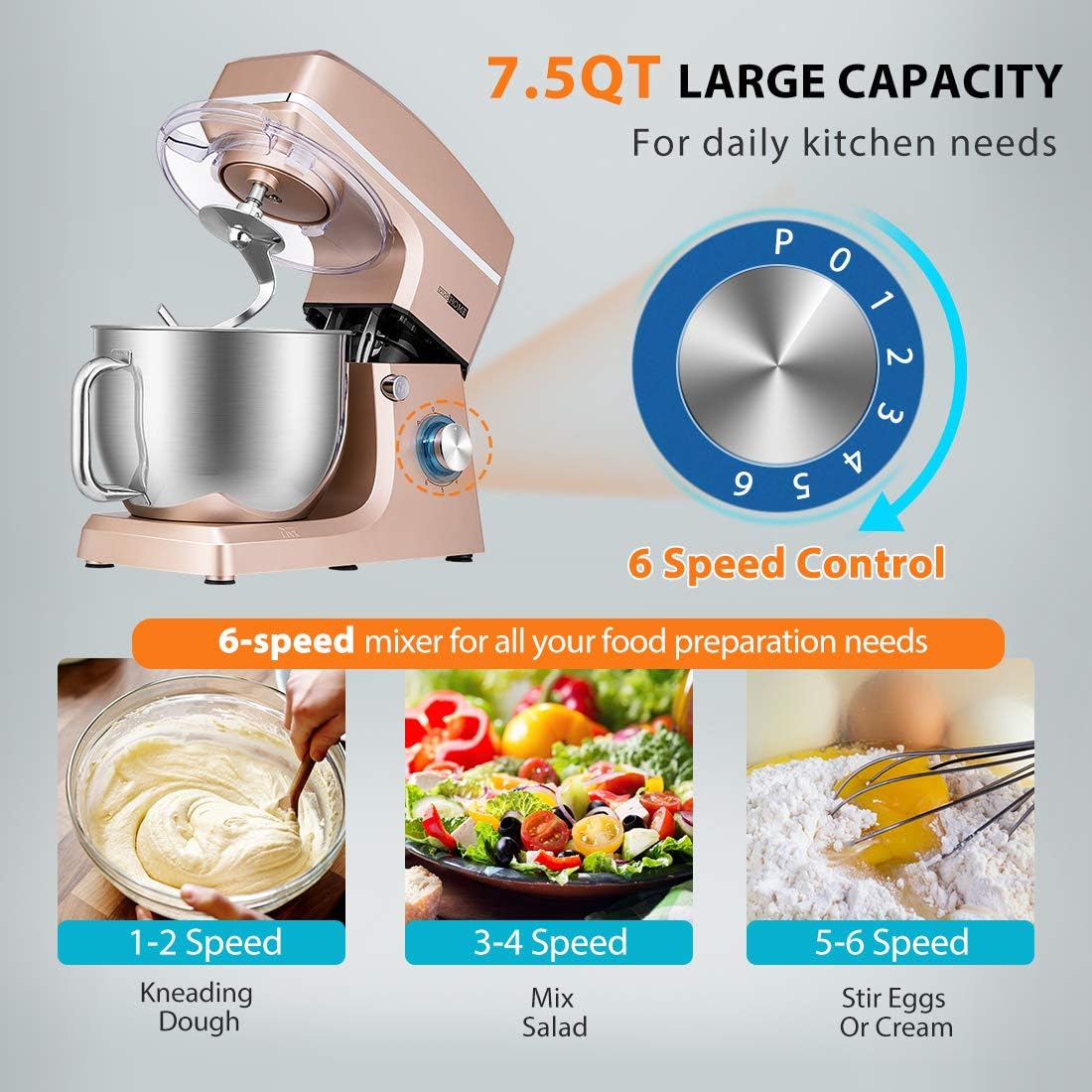 Batidora VIVOHOME 7.5 Qt, 660W, 6 Velocidades, Modelo Mixer