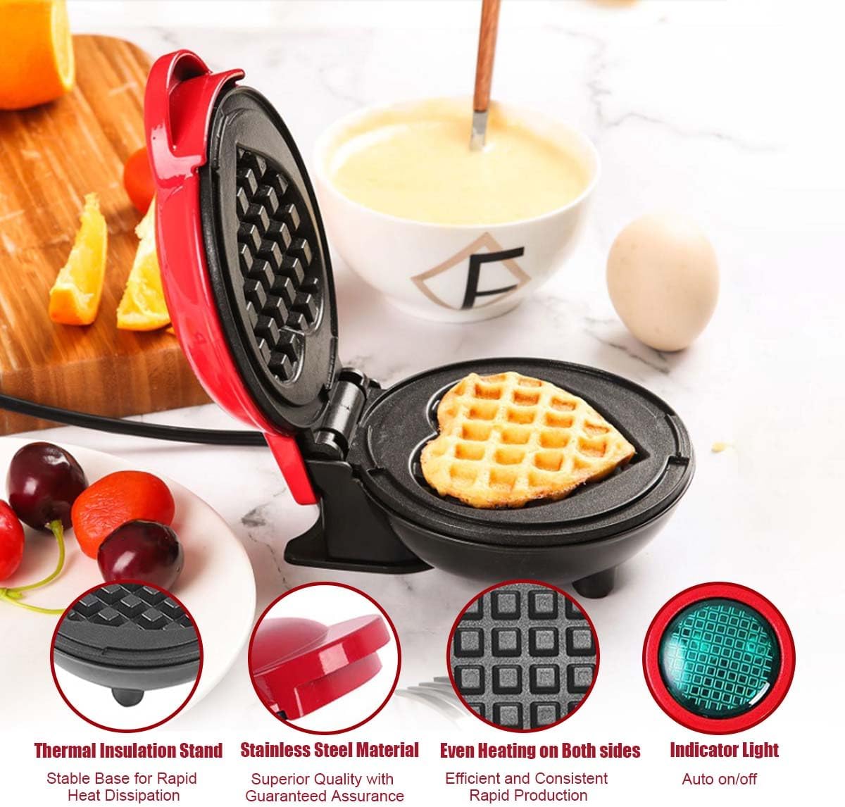 Mini Waffle Maker, diseño corazón, fácil de limpiar, 4 pulgadas