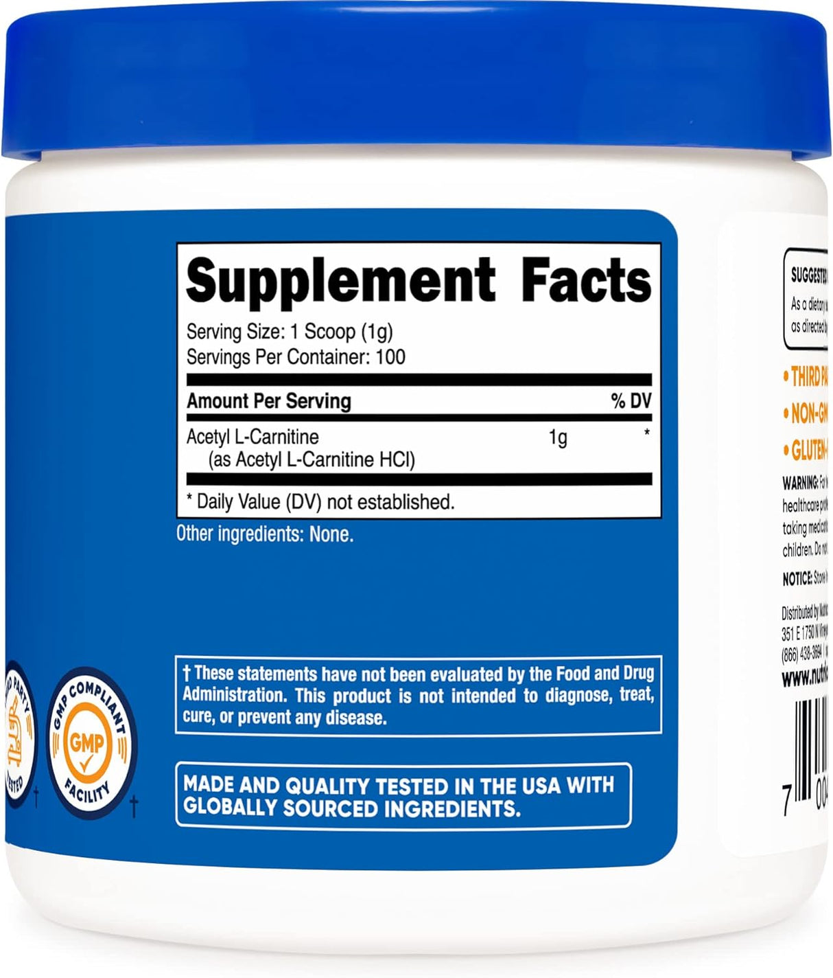 Suplemento acetil L-carnitina (ALCAR) 3.53oz - 1000 mg