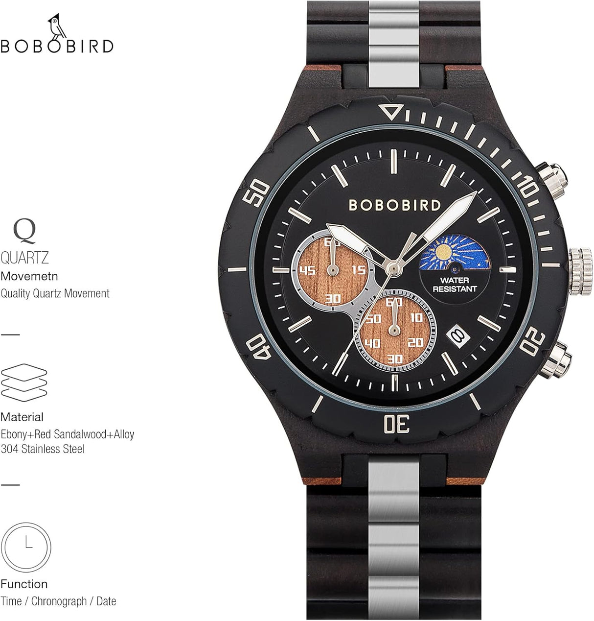 Reloj de madera de cuarzo para hombre visualización de fecha