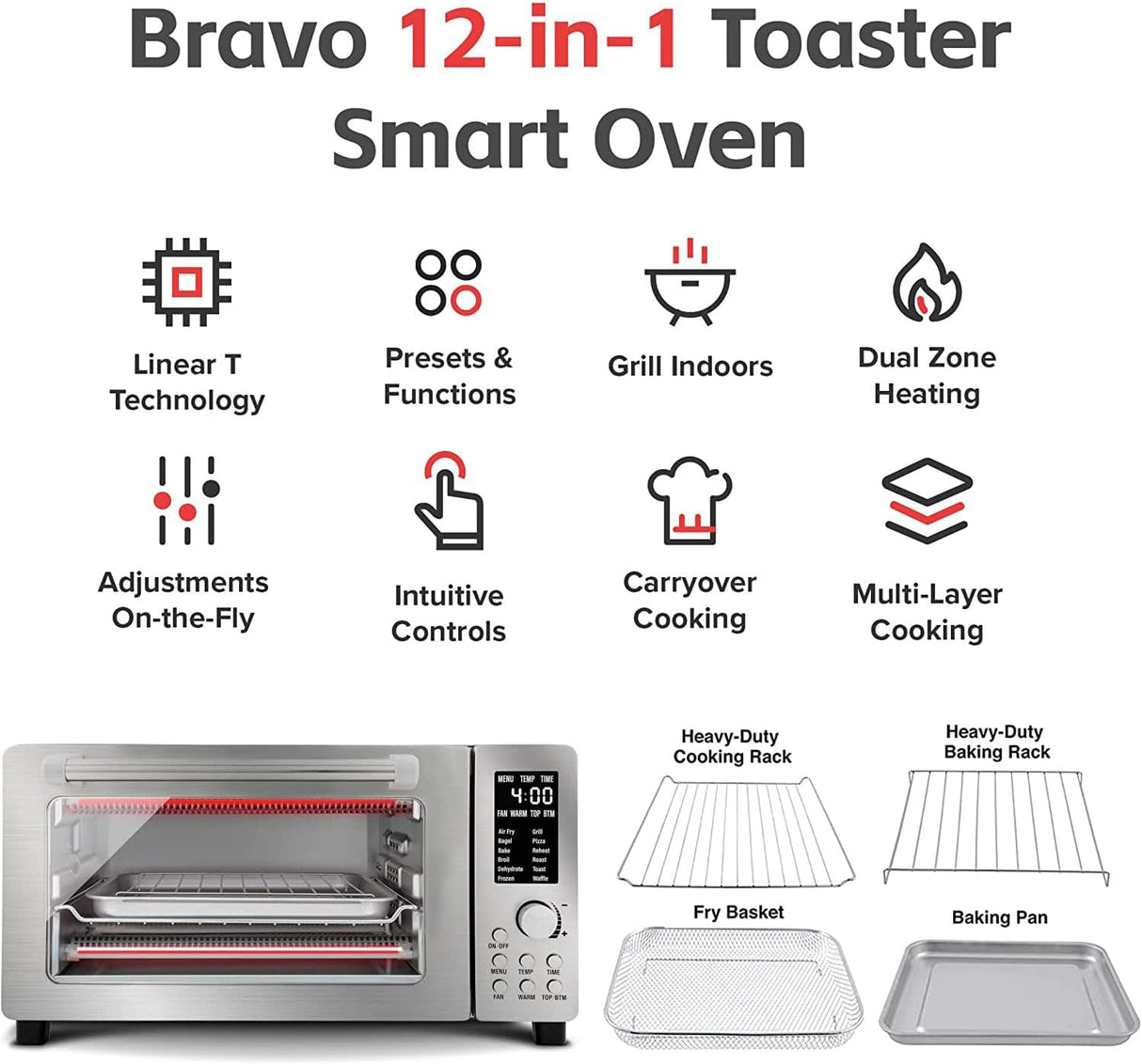 Nuwave Bravo - Horno tostador digital 12 en 1, horno de convección de encimera y freidora de aire, 1800 vatios, capacidad de 21 cuartos de galón, controles de temperatura de 50°-450°F, cocción envolvente de doble zona, tecnología T lineal, aspecto SS