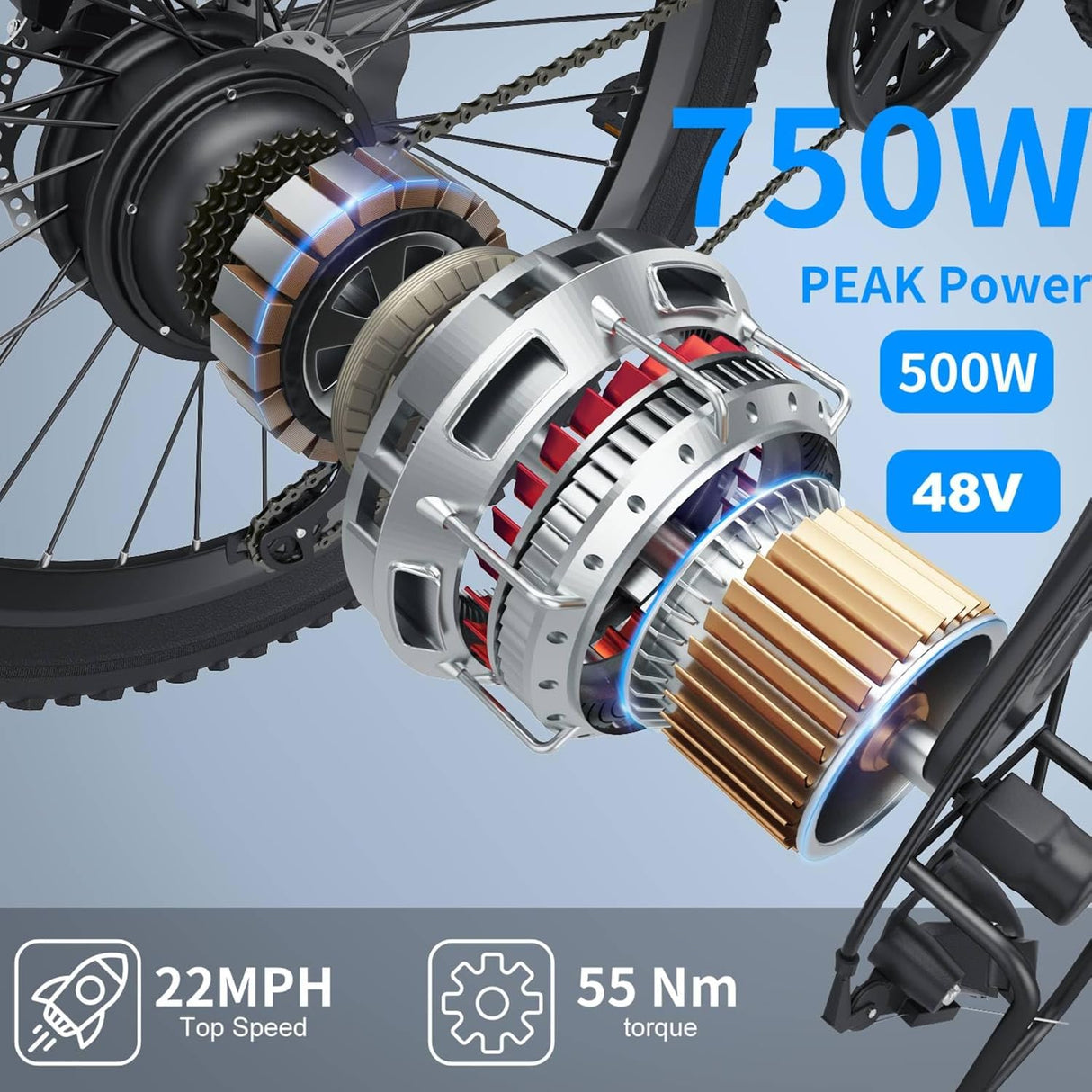 Bicicleta eléctrica ANCCHER 500W, 750W, batería 48V, 55 millas