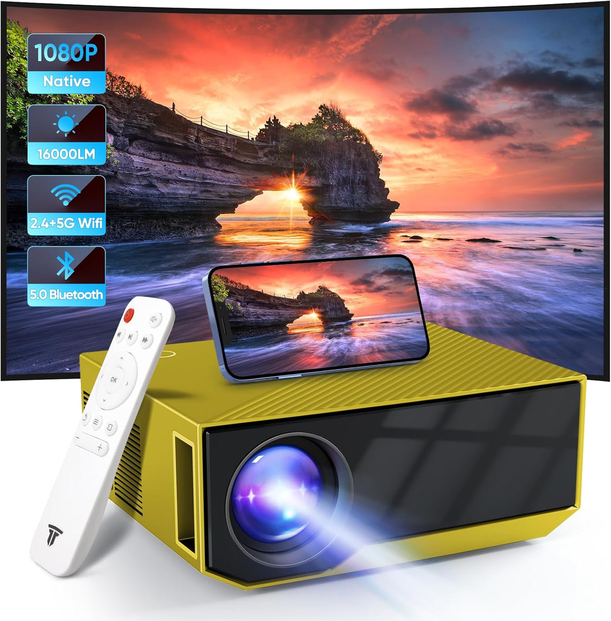Proyector Mini 16000 Lumens Full HD, Wifi y Bluetooth, Portátil