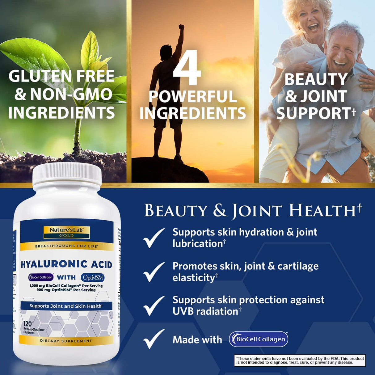 Nature's Lab Ácido hialurónico con colágeno Biocell y MSM