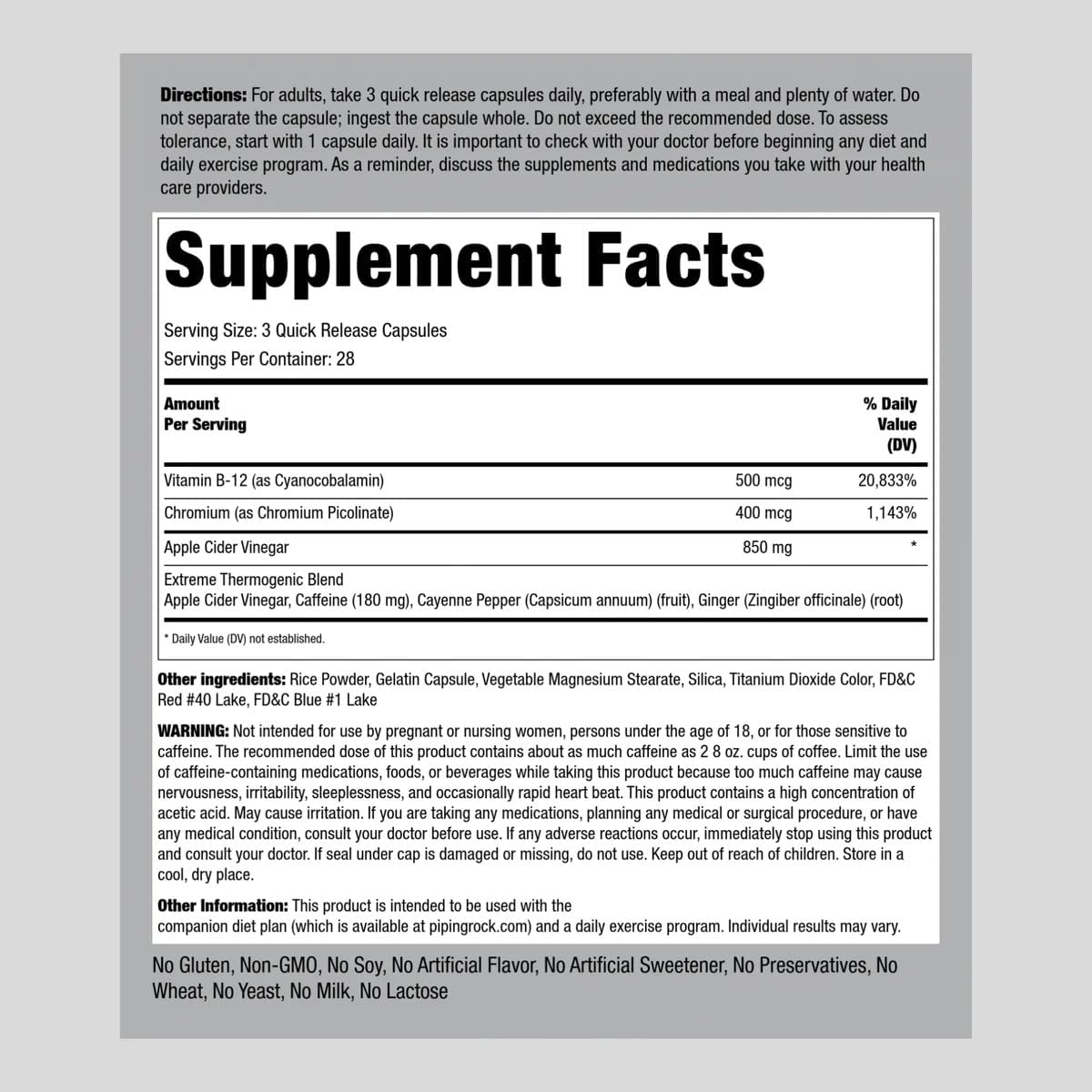 Piping Rock Cápsulas de vinagre de sidra de manzana | 84 píldoras | con vitamina B12, cromo y cayena | Suplemento sin OMG, sin gluten