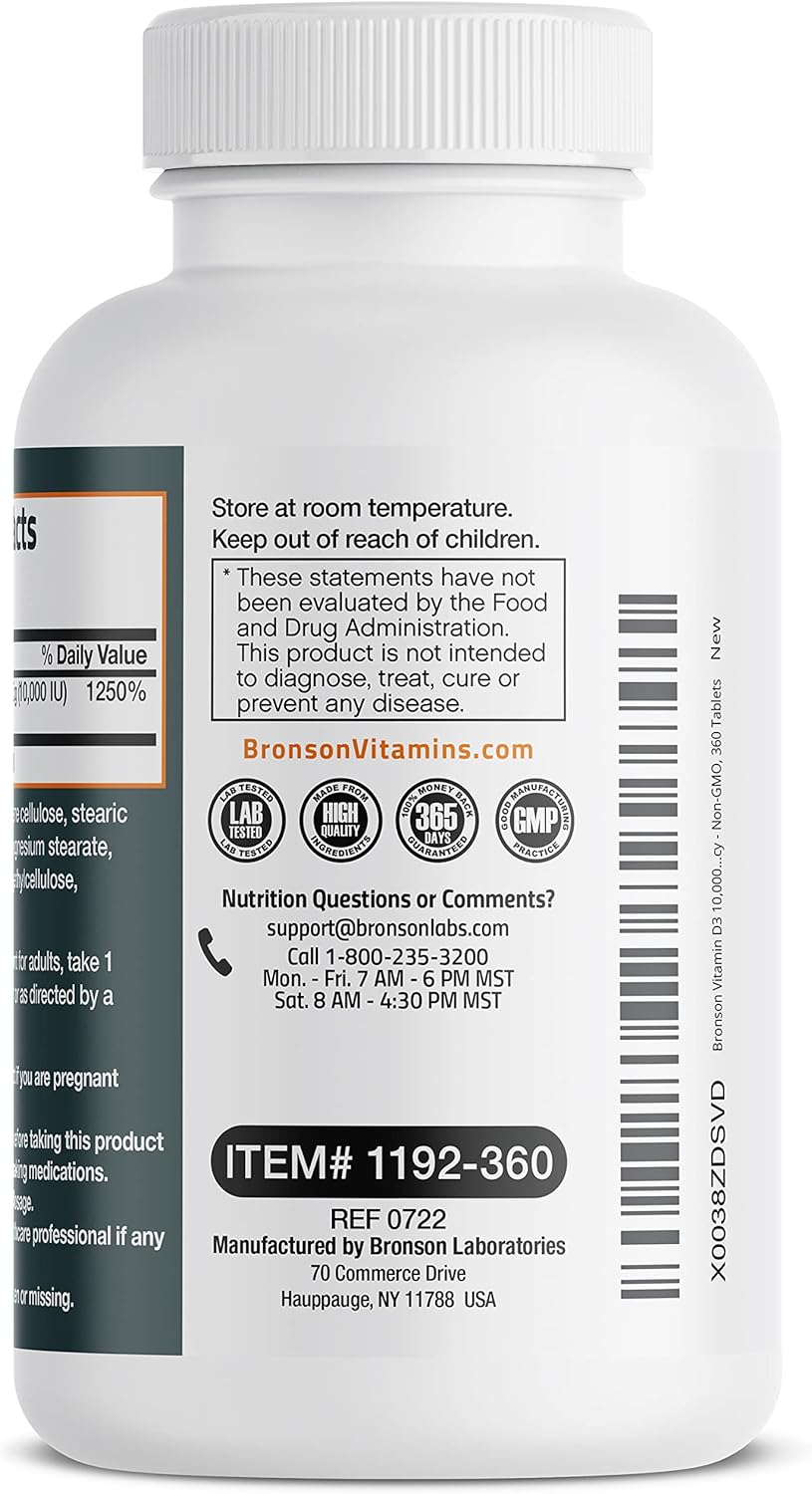 Suplemento de Vitamina D3 10,000 IU Bronson 360 Tabletas Non-GMO