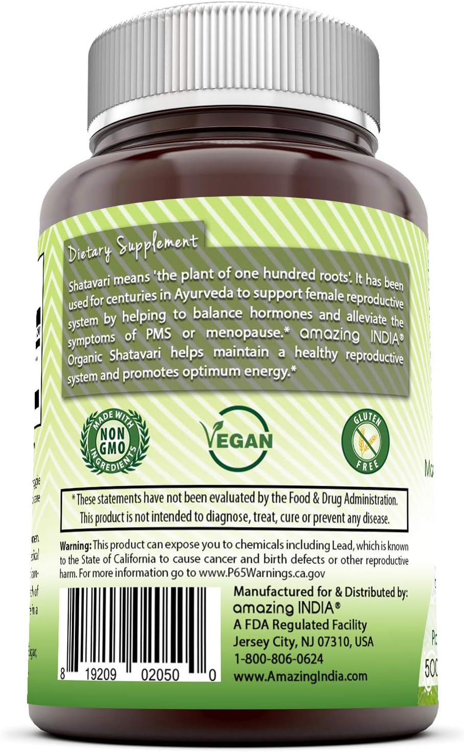 Amazing India Natural Shatavari Cápsulas vegetales de 500 mg