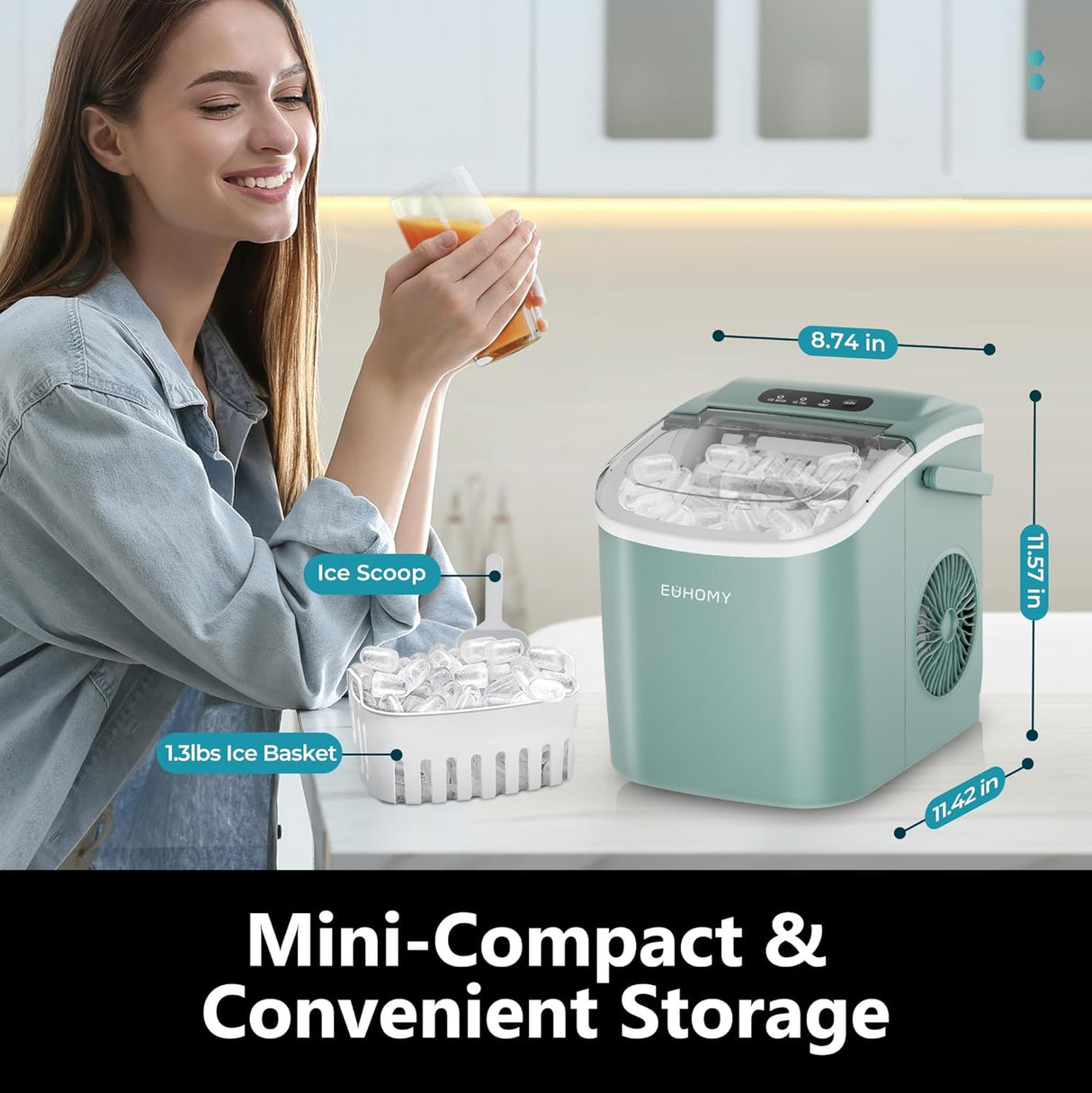 Máquina de Hielo EUHOMY, 26lbs/día, 9 cubos en 6 mins