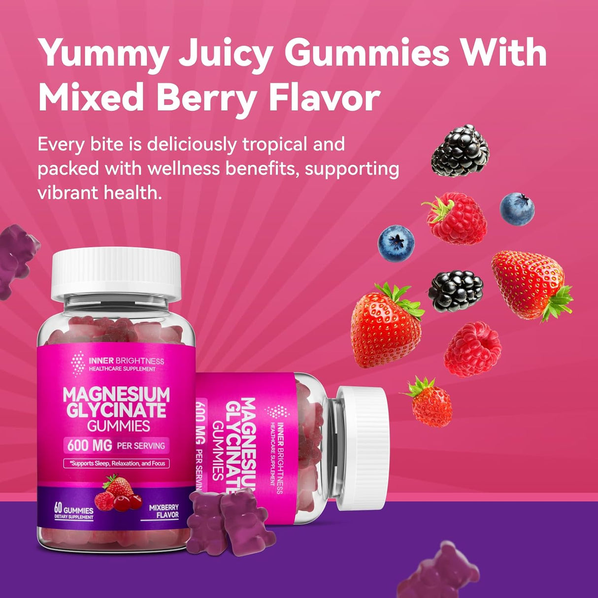 Gummies de Magnesio Glycinato 600mg Non-GMO Gluten-Free 60u