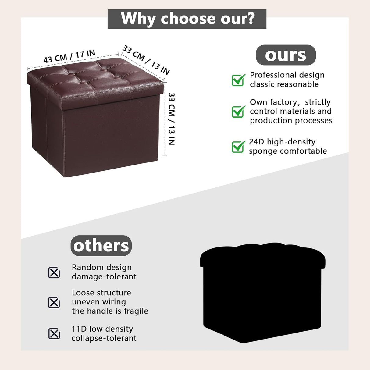 Otoman de almacenamiento plegable, reposapiés, 17 pulgadas