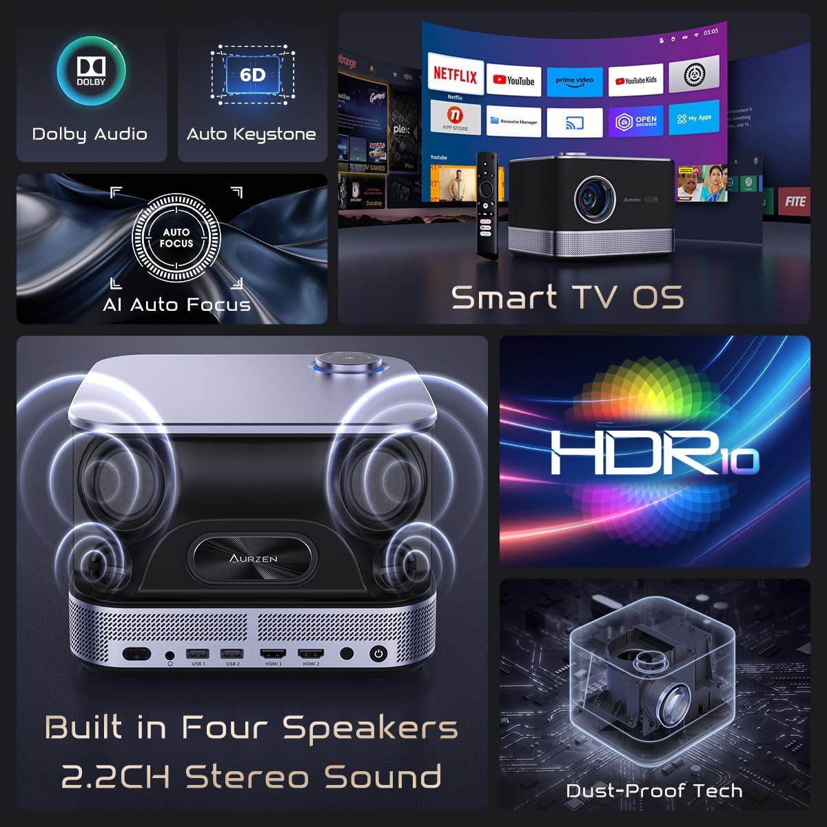 Proyector 3 en 1 4K, AURZEN BOOM 3, WiFi, Bluetooth, 500 ANSI