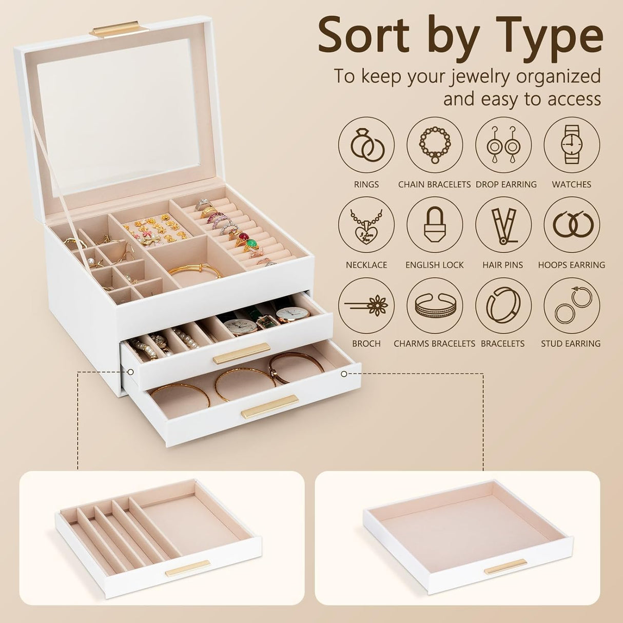 Caja de joyas 3 capas, organizador con tapa de vidrio, modelo X.