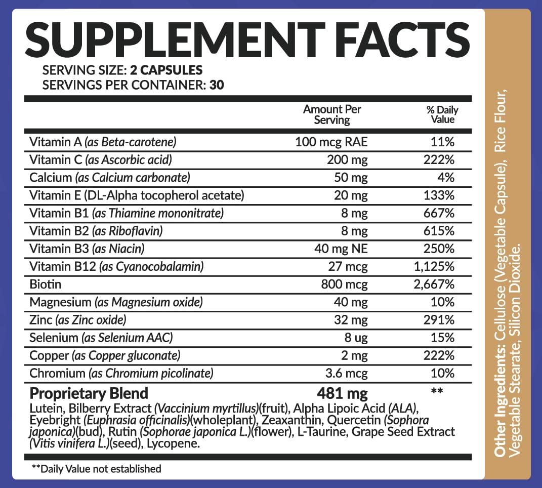 Suplemento vitamínico para los ojos con luteína, zeaxantina, licopeno, arándano, quercetina y más, mezcla patentada totalmente natural que apoya la visión y la salud macular, 60 cápsulas