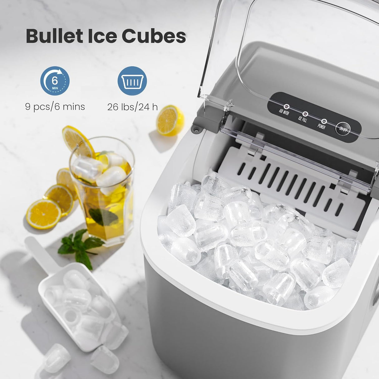 Máquina de Hielo Portátil, 26Lbs/24H, Auto-Limpieza, Modelo XYZ