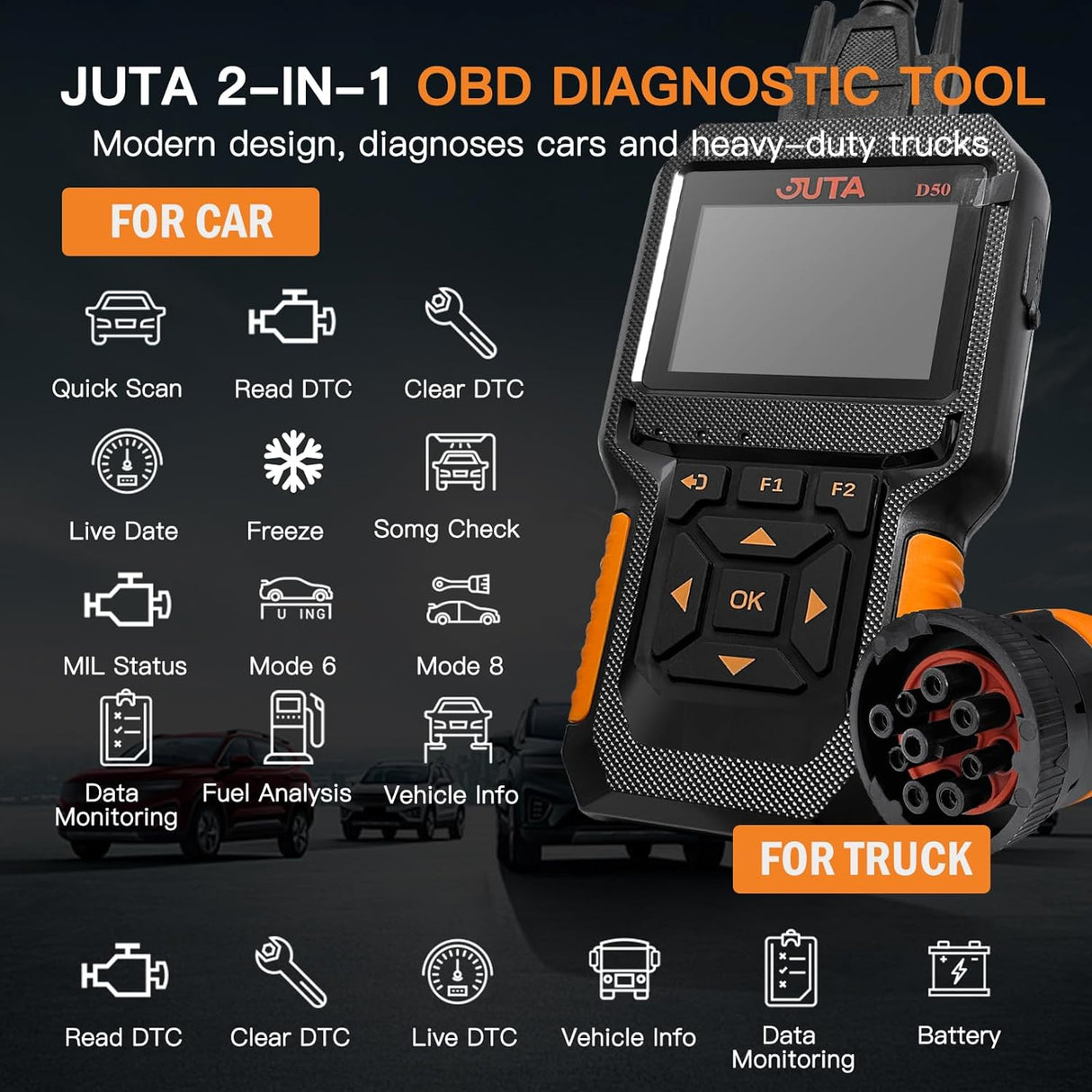 Escáner JUTA D50 OBD2 para coches y camiones, diagnóstico HD