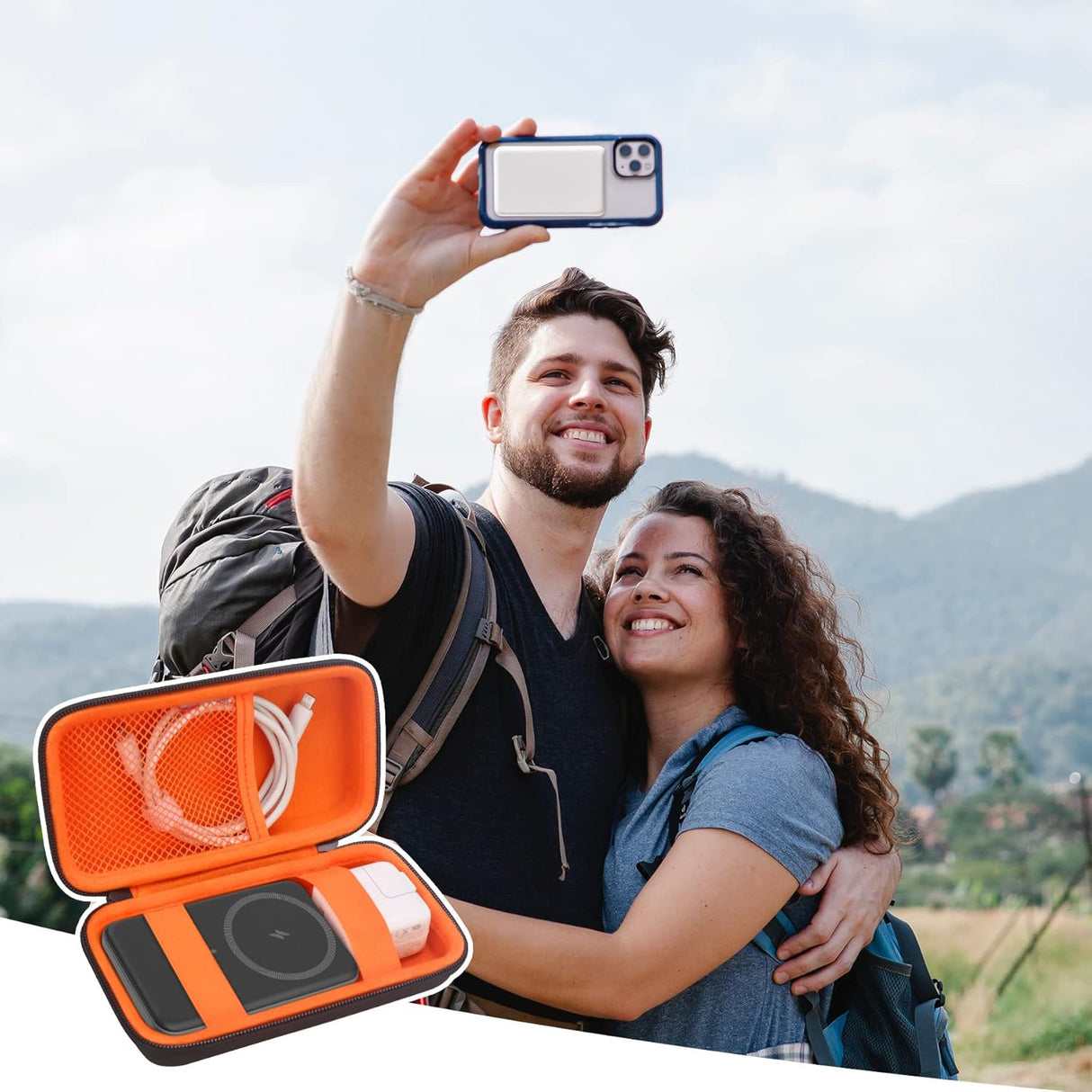 Elonbo Estuche rígido de viaje para Anker 622/633 / 521 batería magnética (MagGo), cargador portátil inalámbrico plegable magnético de almacenamiento de banco de energía, bolsillo de malla adicional para cable de carga, negro y naranja