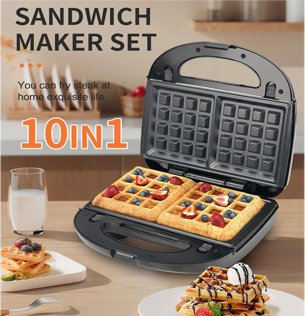 Waffle Maker 10 en 1, 750W, Placas Removibles, Compacto