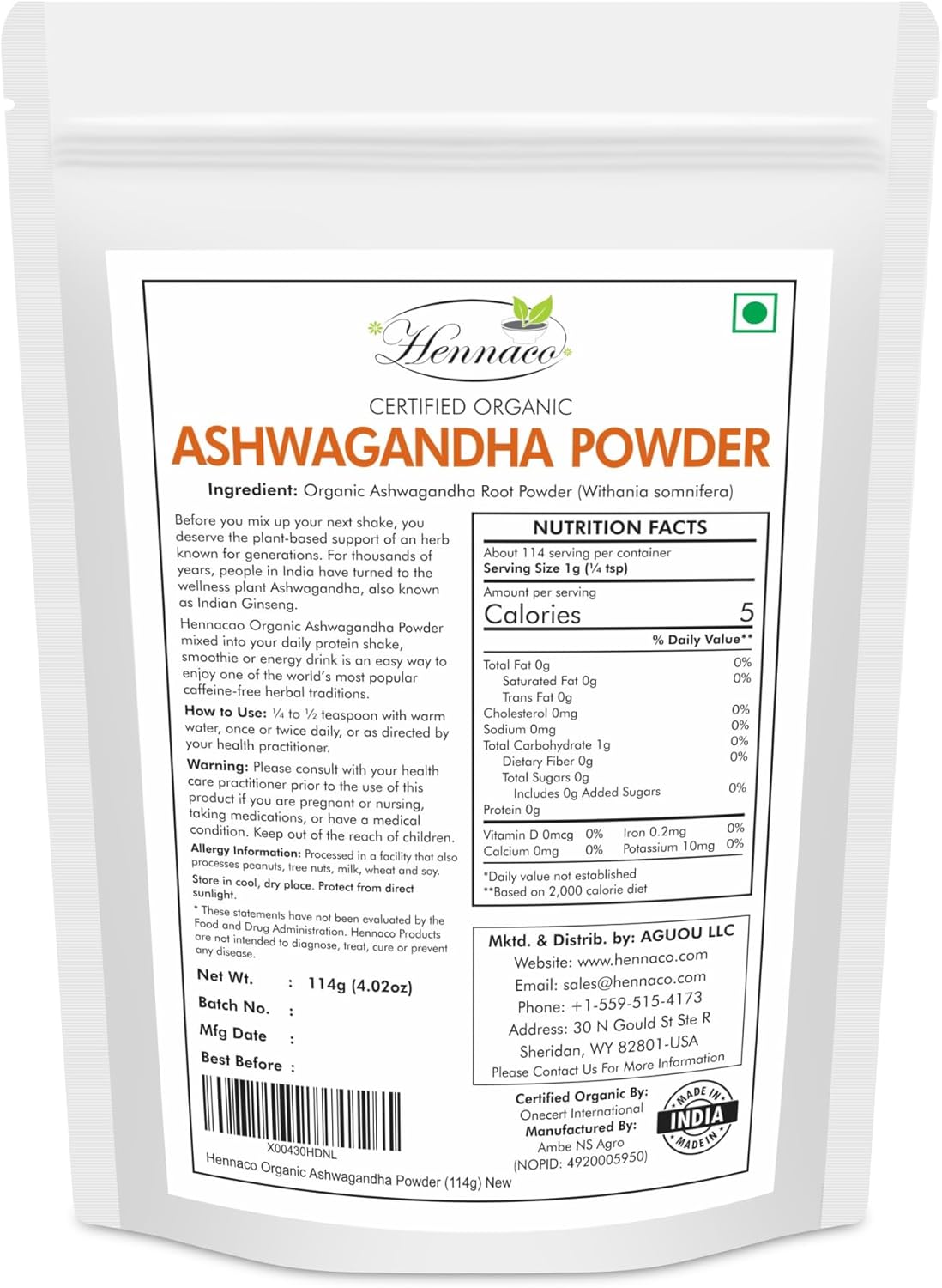 Polvo de Ashwagandha Orgánico 114g | Natural y Puro