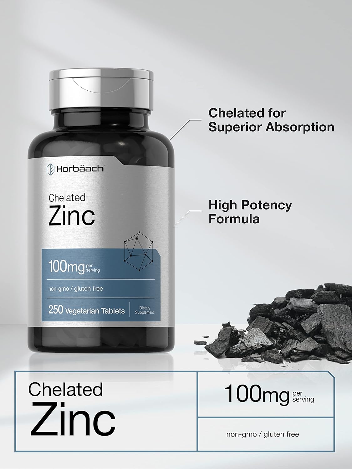 Suplemento de zinc quelado 100 mg 250 tab Alta potencia