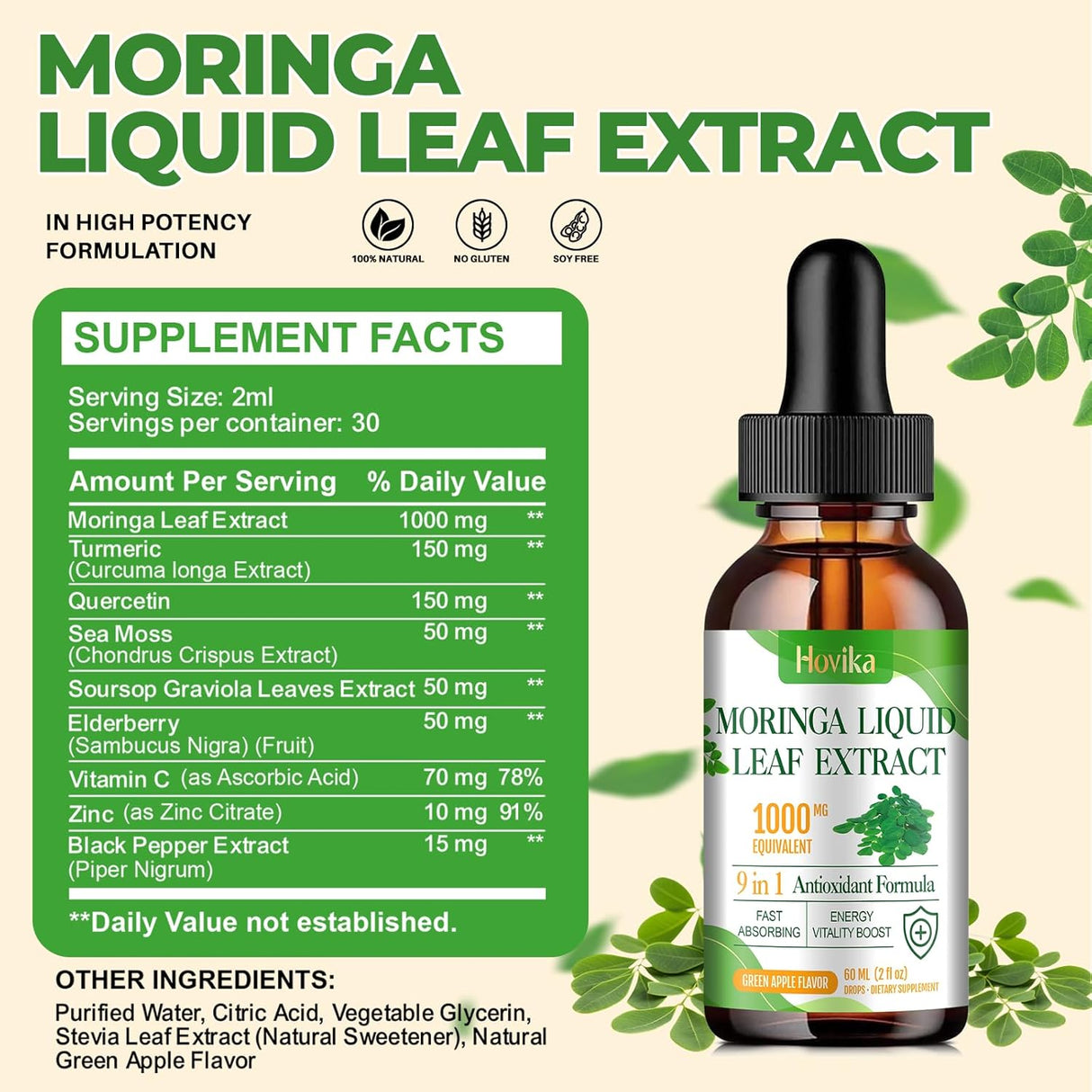 Extracto Líquido de Moringa, Moringa Plus, 1000 mg con Cúrcuma, Zinc y Vitamina C, 2 oz
