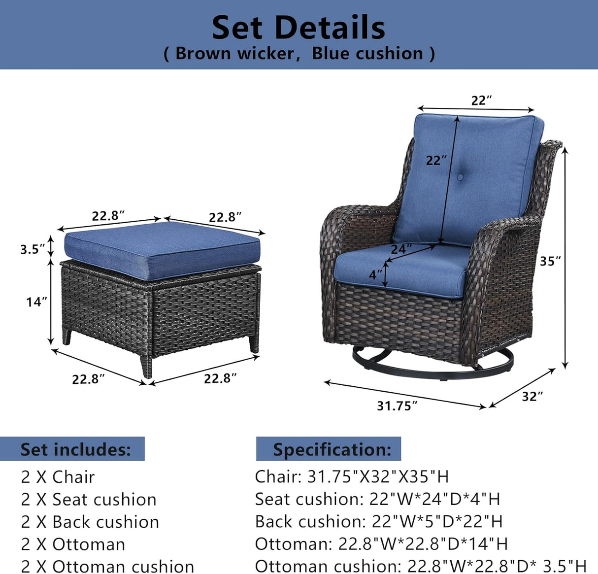 Belord Juego de muebles de patio de 4 piezas, silla giratoria de mimbre para patio con otomanas, juego de muebles de exterior para porche exterior, terraza, balcón, jardín