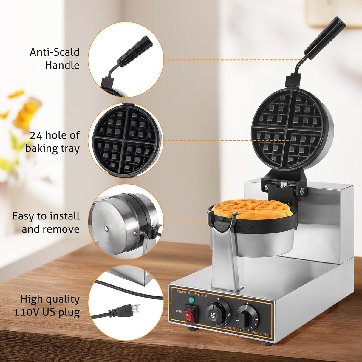 Waffle Maker WICHEMI 360° Flip, No Stick, Control Tiempo, 110V