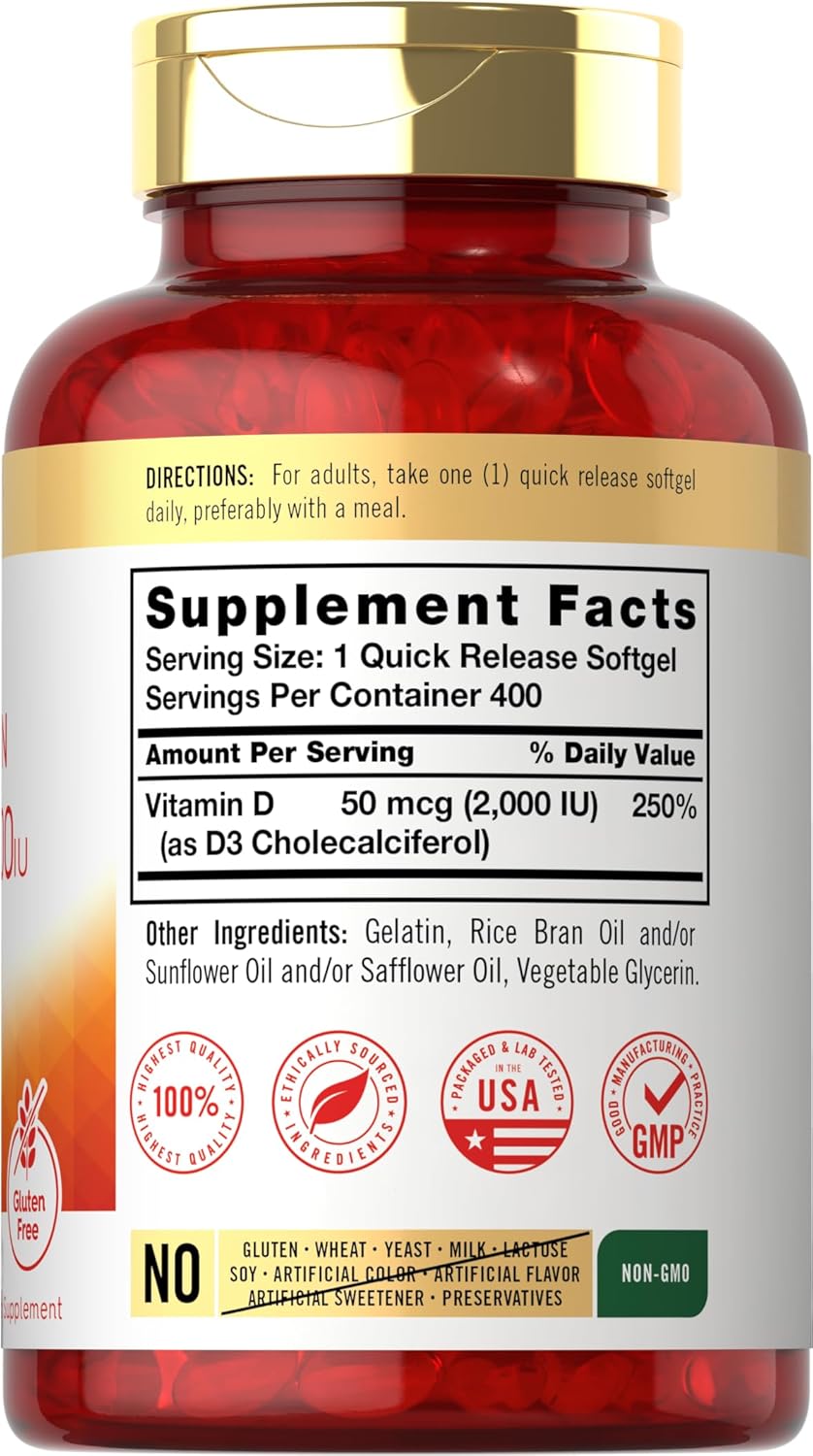 Suplemento de Vitamina D3 2000IU Carlyle 400 Softgels Non-GMO