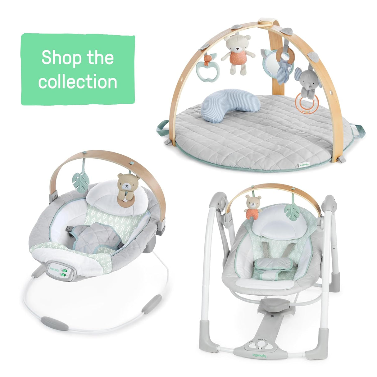 Ingenuity Cozy Spot Swing n Go - Columpio portátil, barra de juguete de madera extraíble y giratoria, 6 velocidades, para edades de 0 a 9 meses, hasta 20 libras