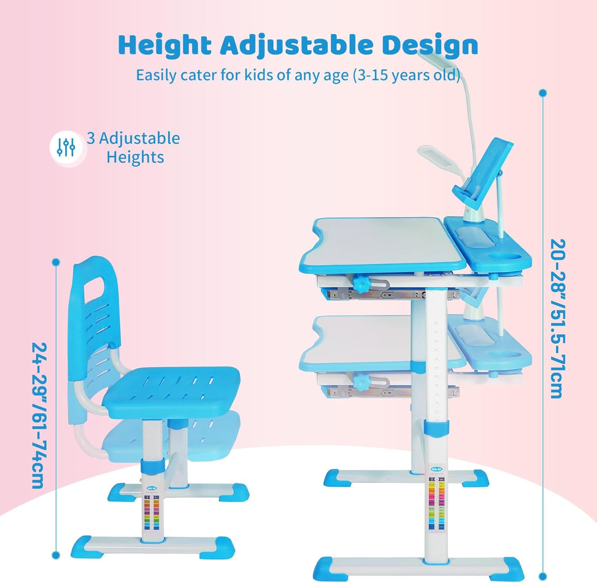 Escritorio y Silla Ajustables para Niños con Luz LED y Cajón