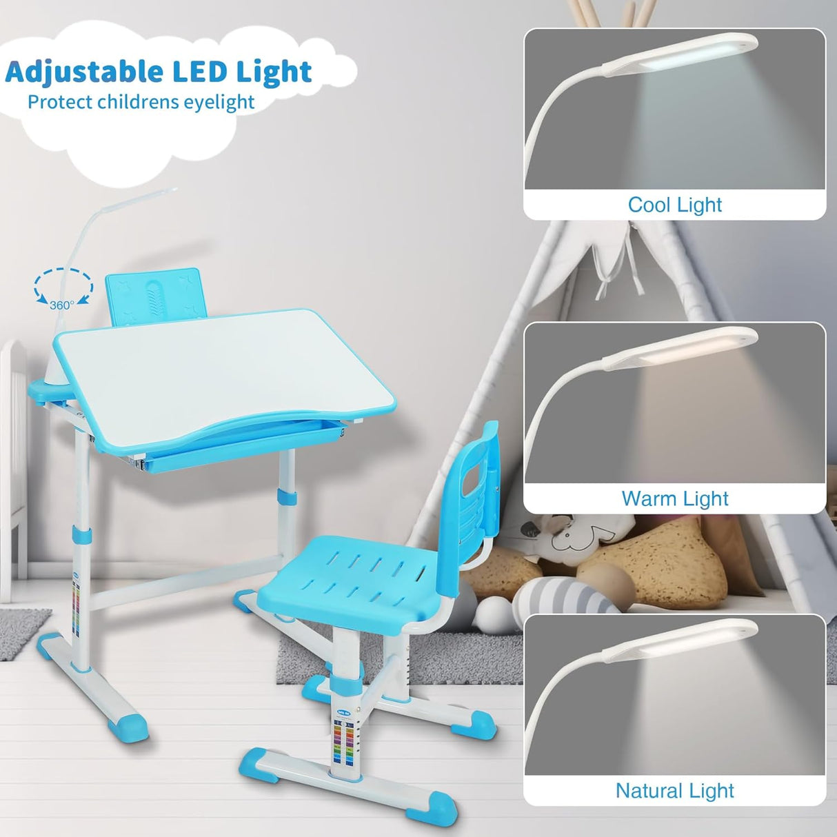 Escritorio y Silla Ajustables para Niños con Luz LED y Cajón