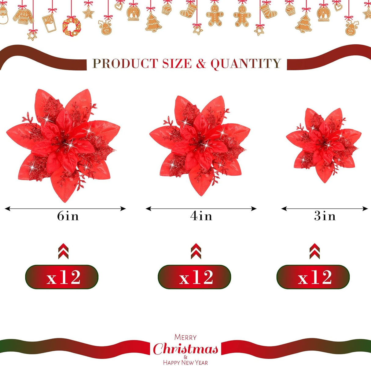 Flores Poinsettia Artificiales, 36 Pcs, Decoración Navidad