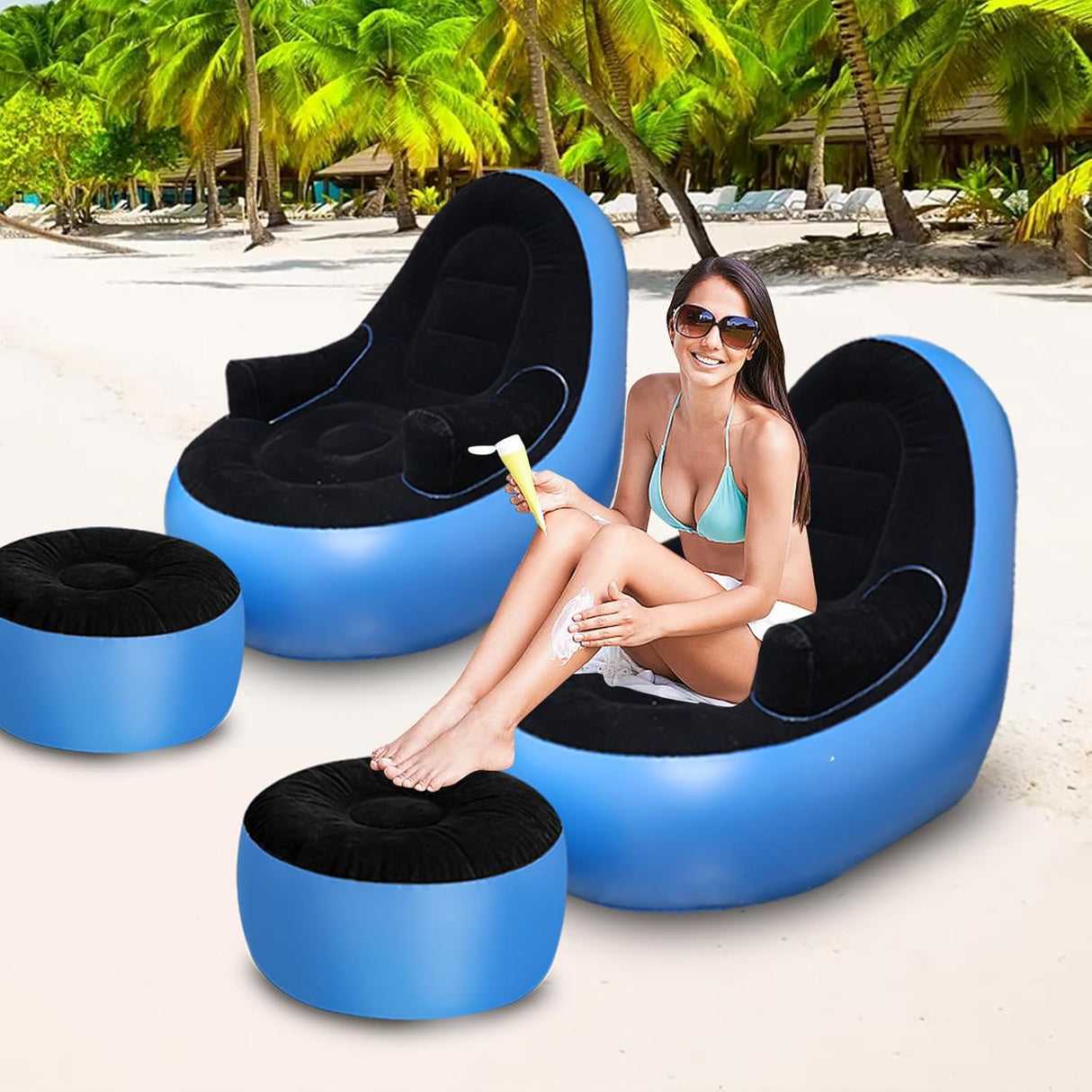 Sofá Inflable con Reposabrazos y Puff, Ideal para Acampar