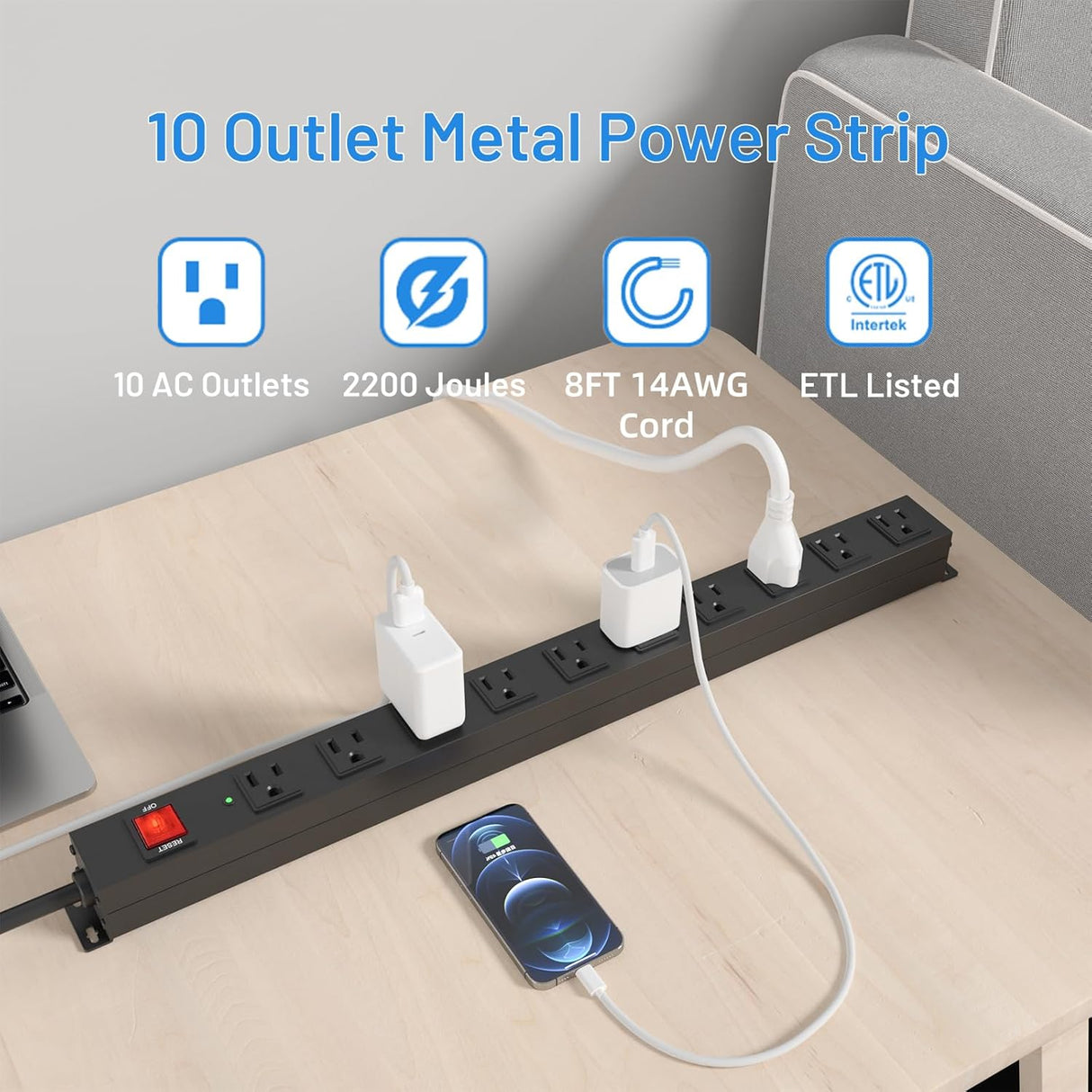 KF Regleta de alimentación de 10 tomas, protector de sobretensiones