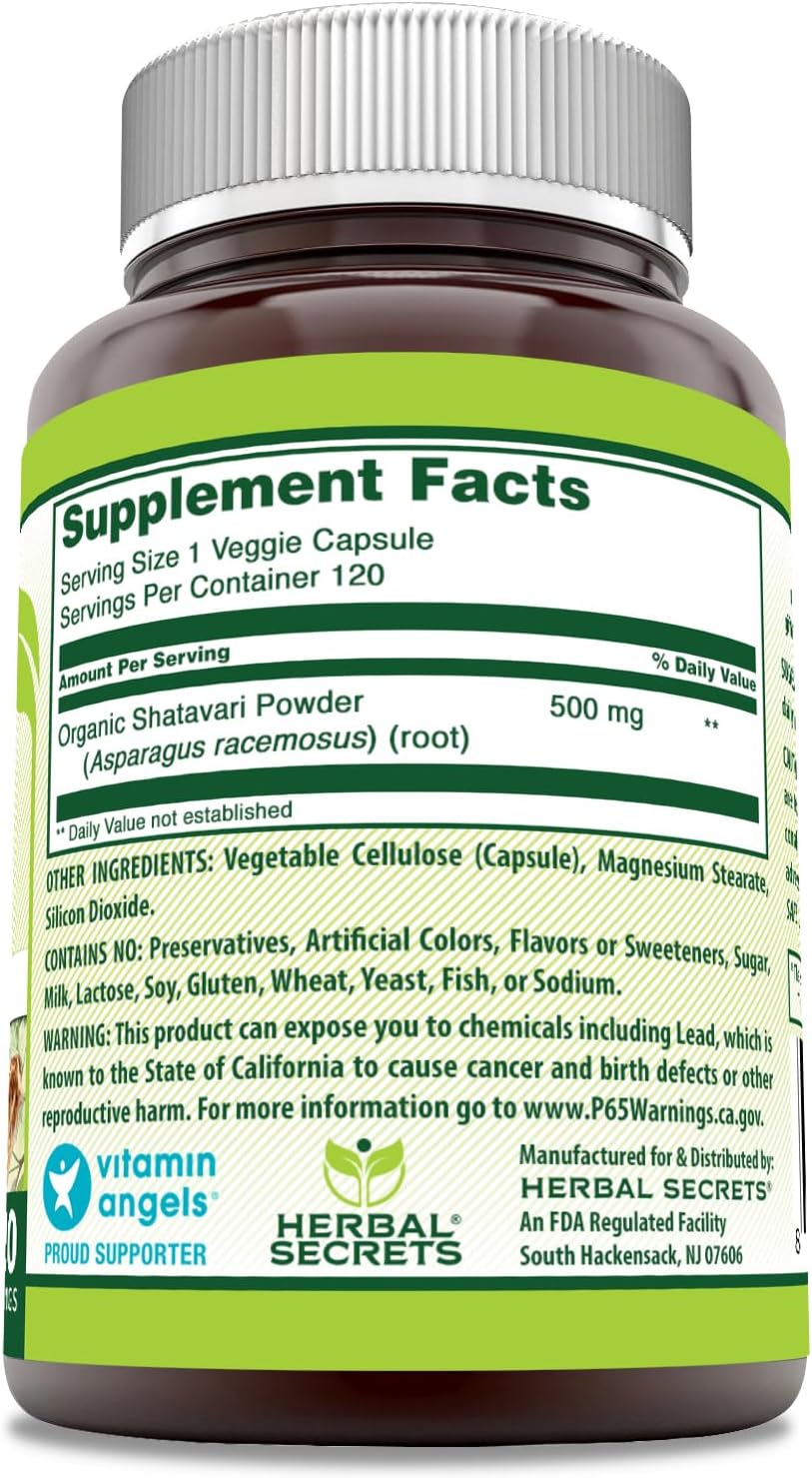 Herbal Secrets Suplemento Shatavari | 500 mg por porción | 120 cápsulas vegetales | Sin OMG | Sin gluten | Fabricado en Estados Unidos