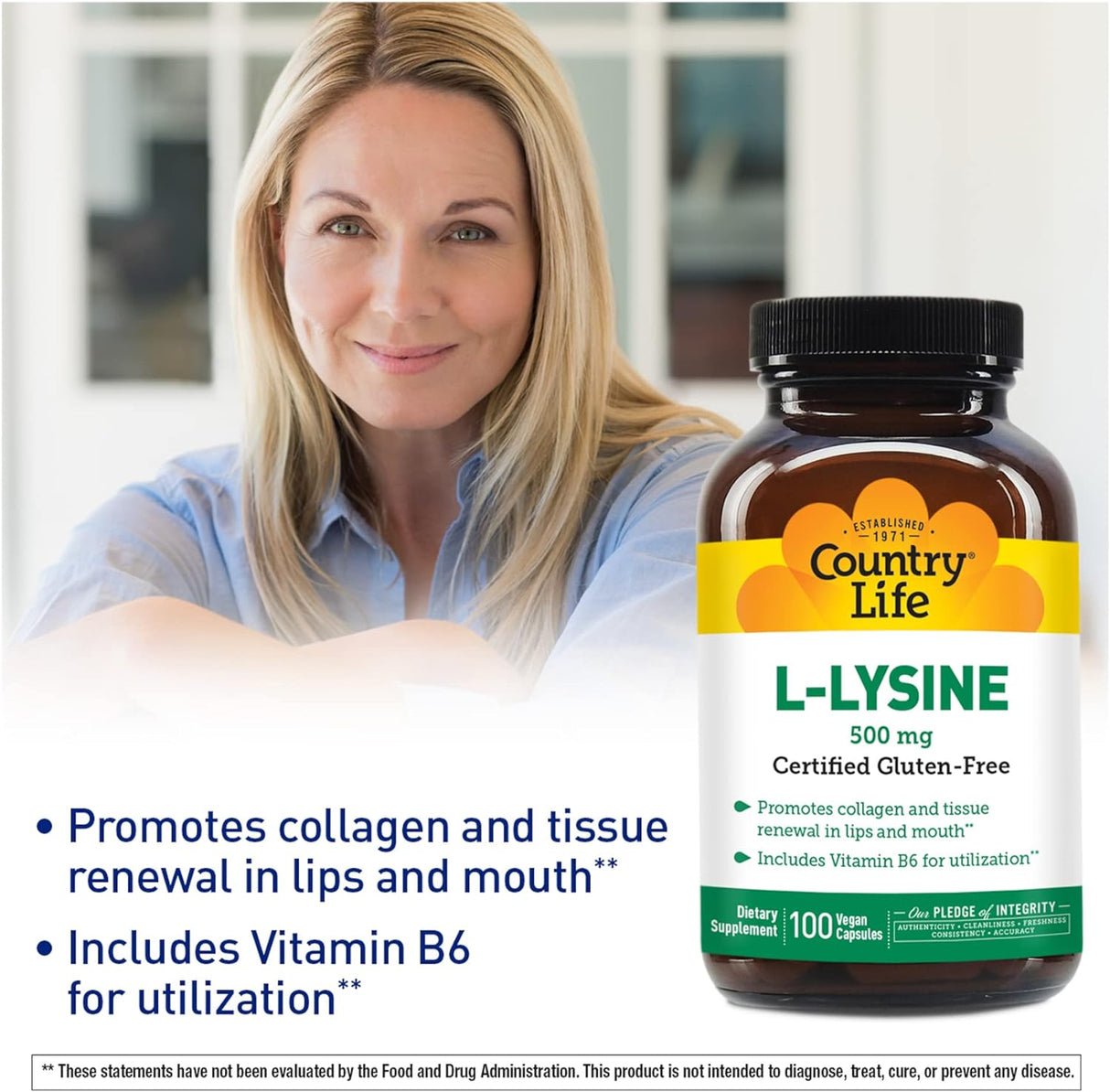 Suplemento Country Life L-Lisina 500mg con B-6 vegano