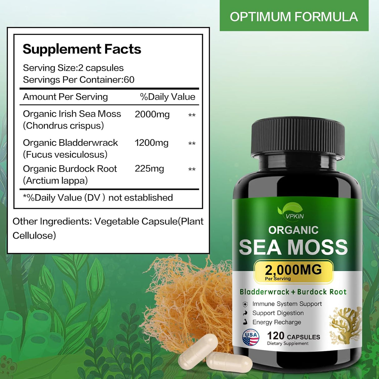 Cap. de Moringa Orgánica con Bladderwrack, B. Raíz y P. Negra, 2000mg