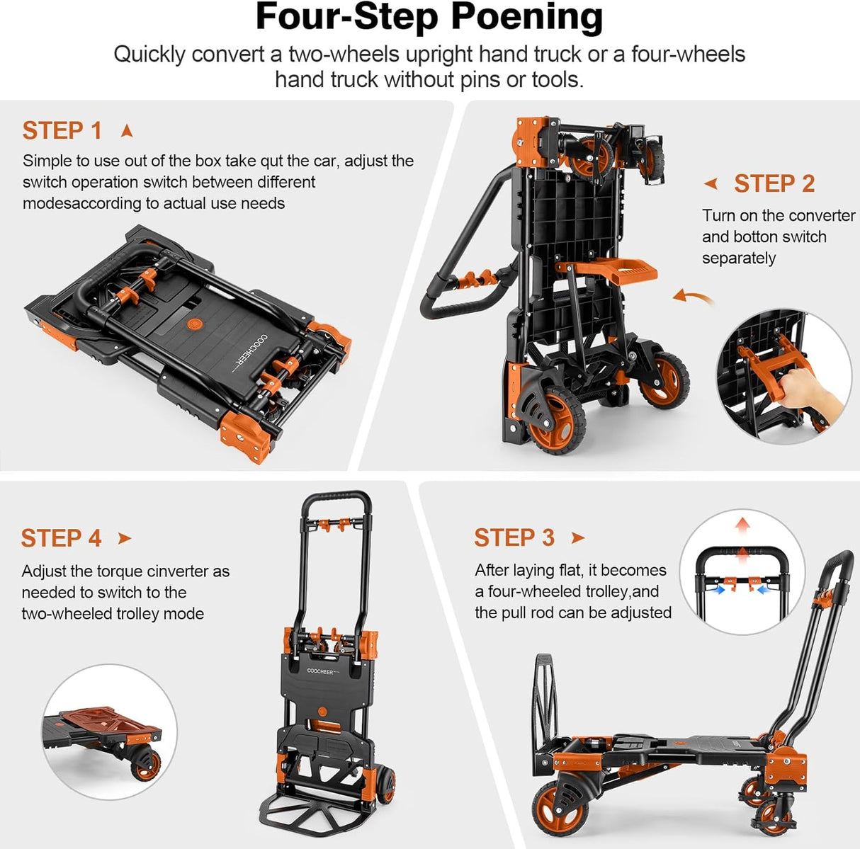 Carretilla Plegable 330LB, 4/2 Ruedas, Mango Retráctil, Modelo X