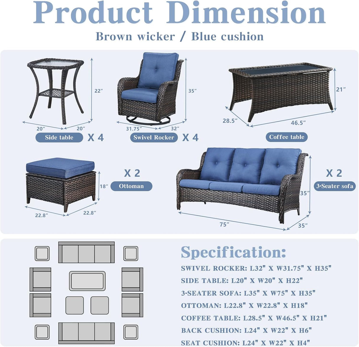 Belord Juegos de muebles de mimbre para patio, 13 piezas de muebles de ratán para exteriores con 4 sillas mecedoras giratorias, 2 sofás de ratán, otomanas de mimbre y mesa auxiliar, marrón/azul