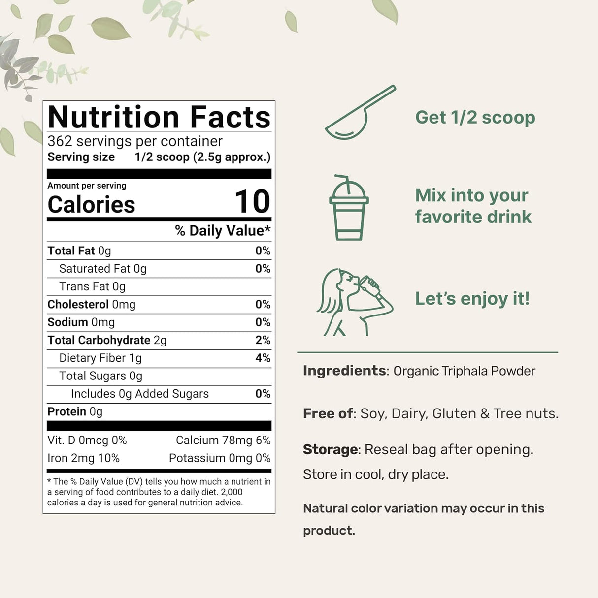 Suplemento Triphala en polvo orgánico, 2 libras Origen indio