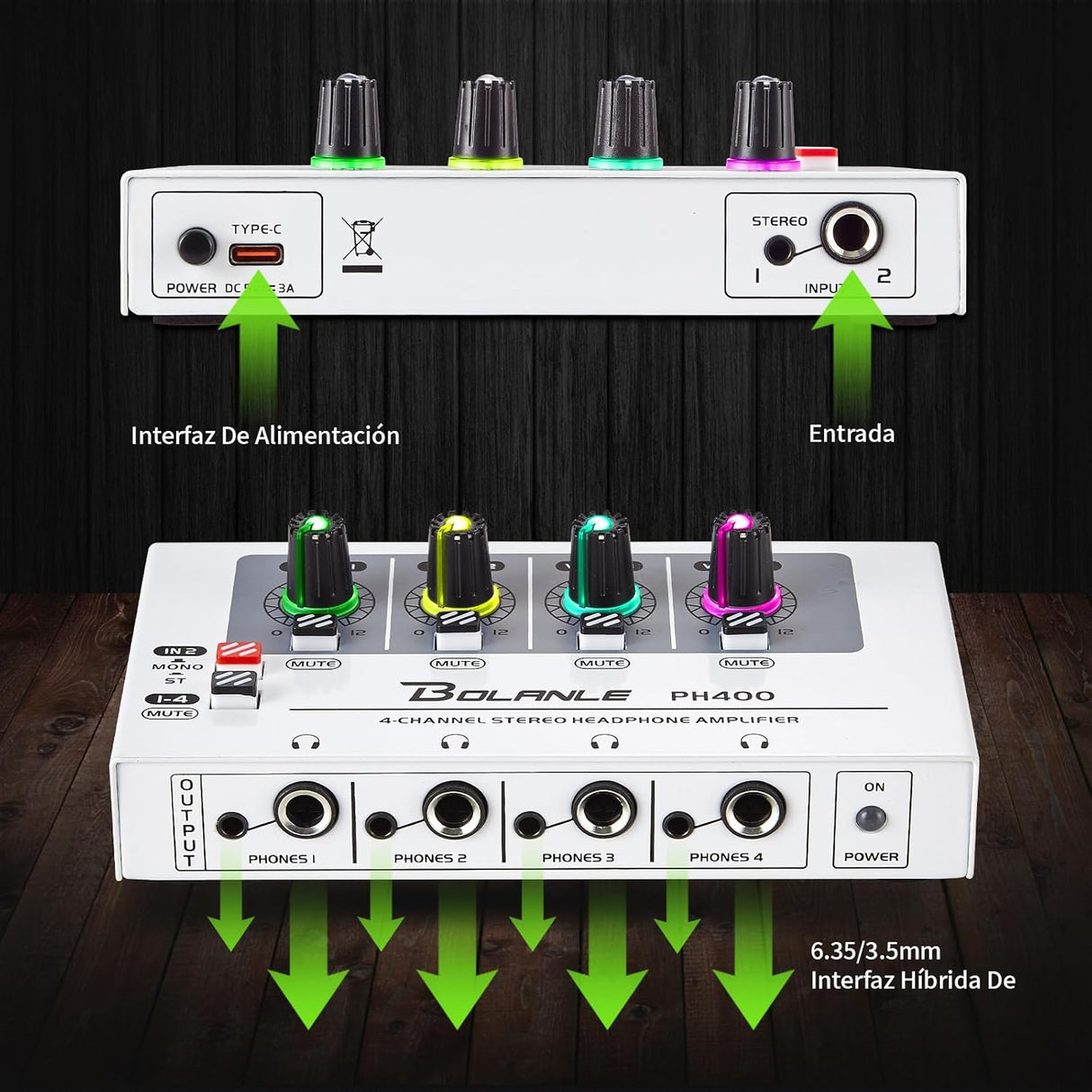 Amplificador de auriculares 4 canales con salidas para 8 auriculares