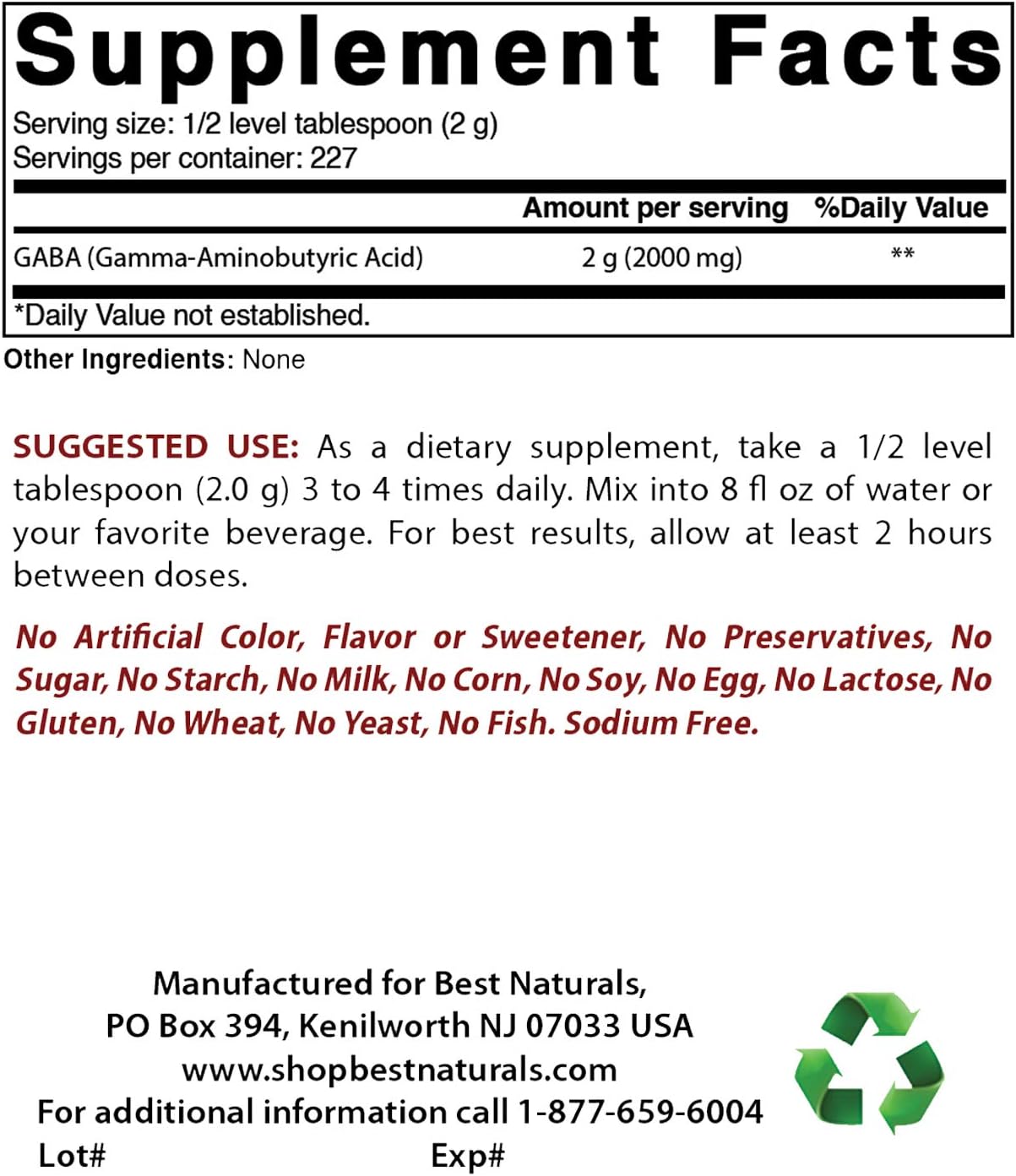 Suplemento Best Naturals GABA ácido gamma aminobutírico 1 lB