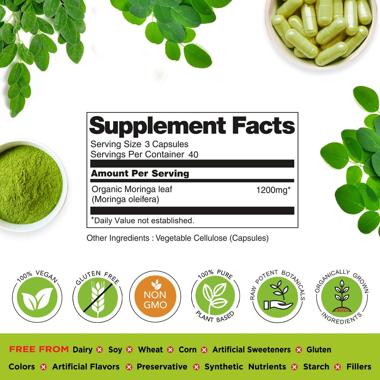 Cápsulas de Moringa Oleifera 1200 mg - Suplemento Energizante