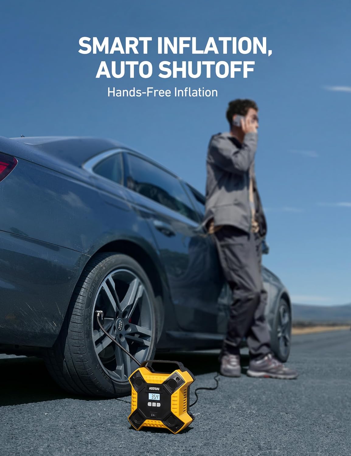 AstroAI Compresor de aire inflador de neumáticos bomba de aire portátil para neumáticos de coche, bomba de neumático de estructura metálica integrada de 12 V DC, 160 PSI con luz LED para coches, bicicletas, motocicletas y otros inflables (color amarillo)