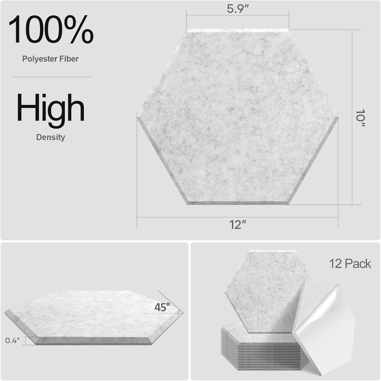 Paneles Acústicos Hexagonales 12 Pack, Alta Densidad 12x10