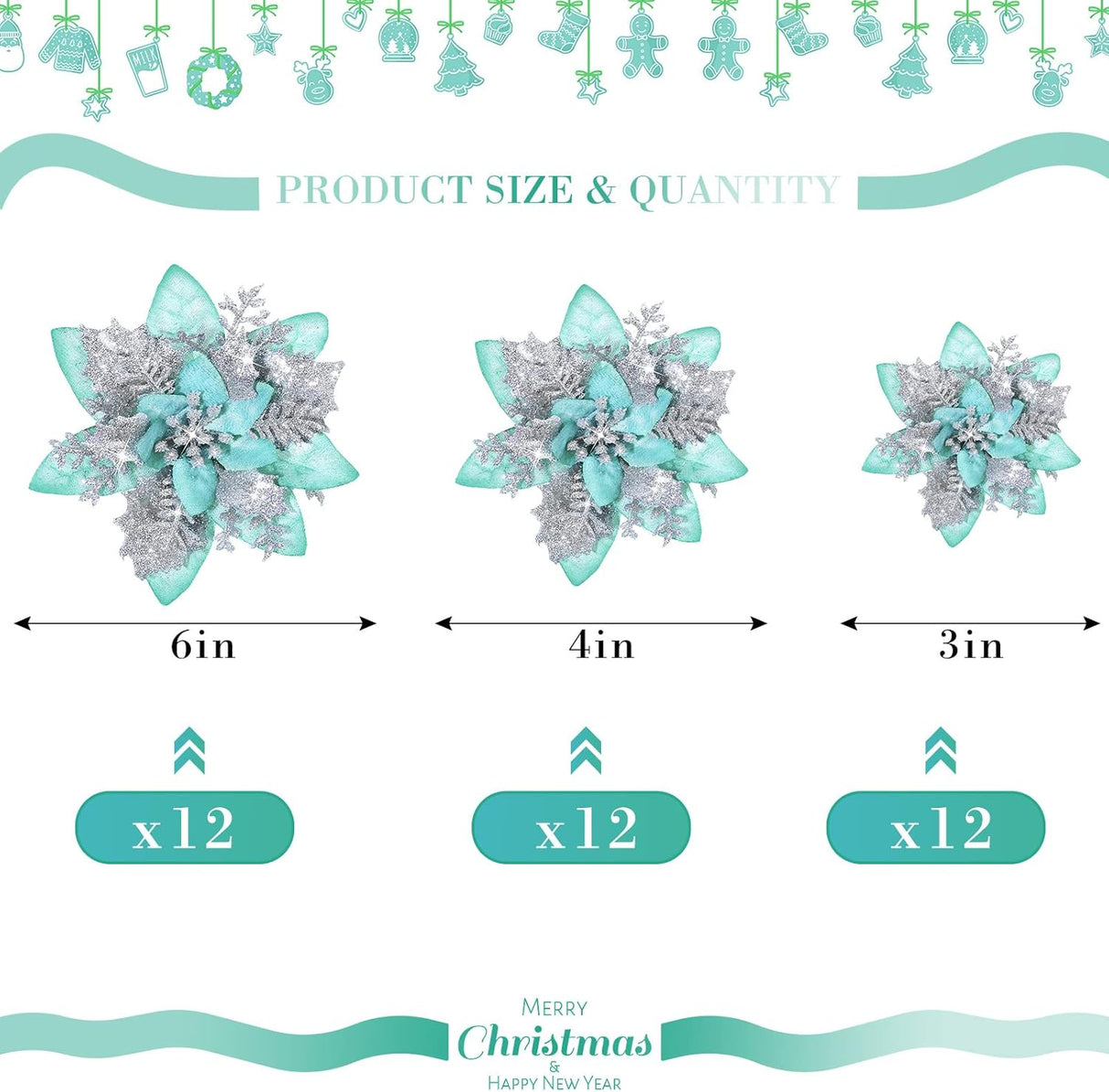 Flores Poinsettia Artificiales 36 Pcs, Decoración Navidad, 6-4-3 Pulgadas