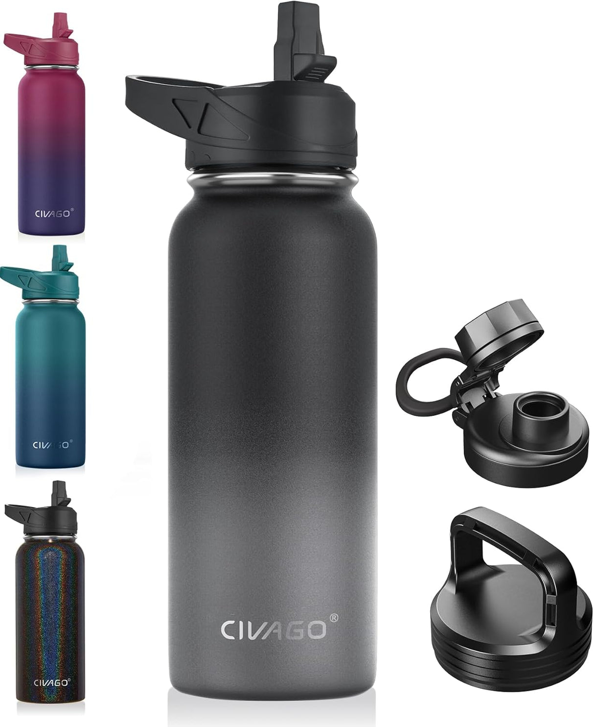 CIVAGO - Botella de agua aislada de 32 oz con popote, botella deportiva de acero inoxidable con 3 tapas (popote, boquilla y tapa de asa), taza térmica de viaje de boca ancha, gradiente negro y gris