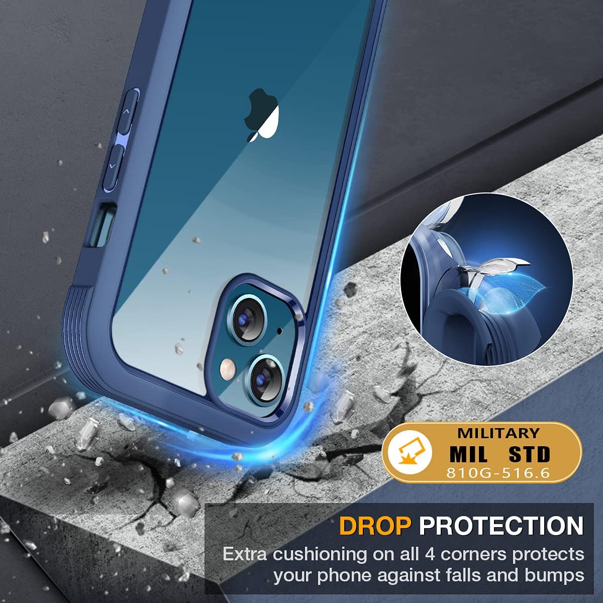 Miracase Funda compatible con iPhone 13 de 6.1 pulgadas, 2021 carcasa transparente de cristal de cuerpo completo con protector de pantalla de cristal templado 9H incorporado para iPhone 13, azul oscuro