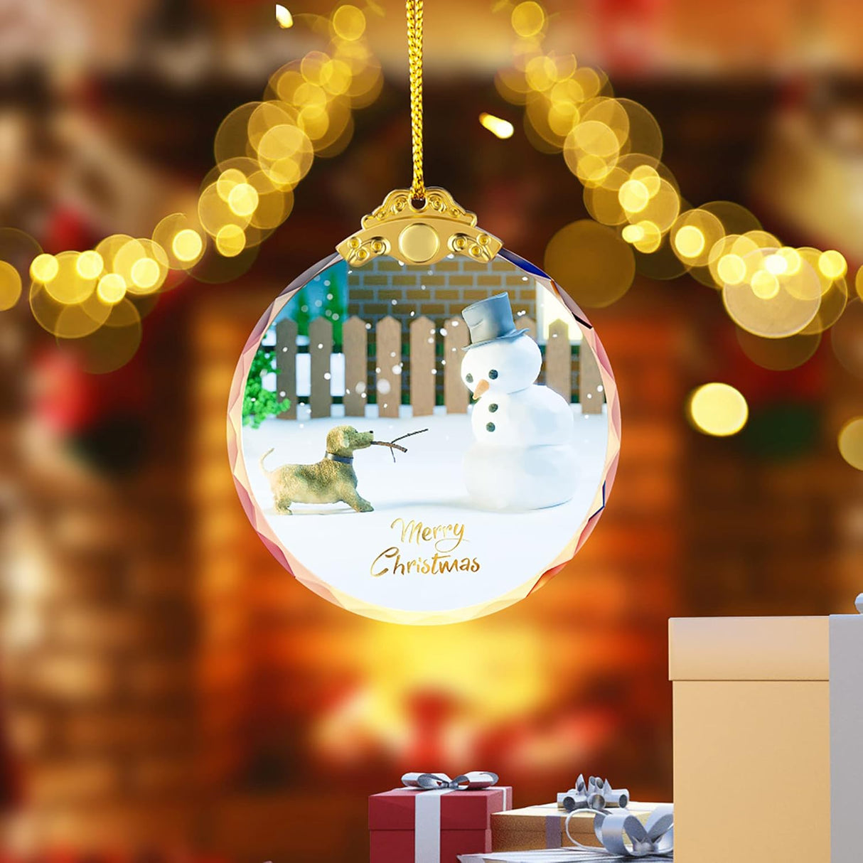 Adorno colgante de Navidad perro y muñeco de nieve